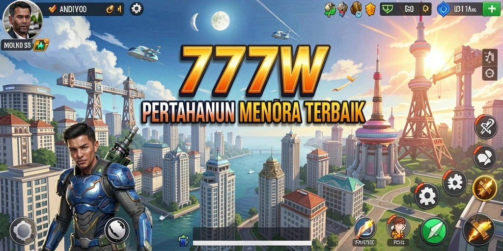 Tangkapan layar gameplay 7777W menampilkan pertahanan menara yang epik.
