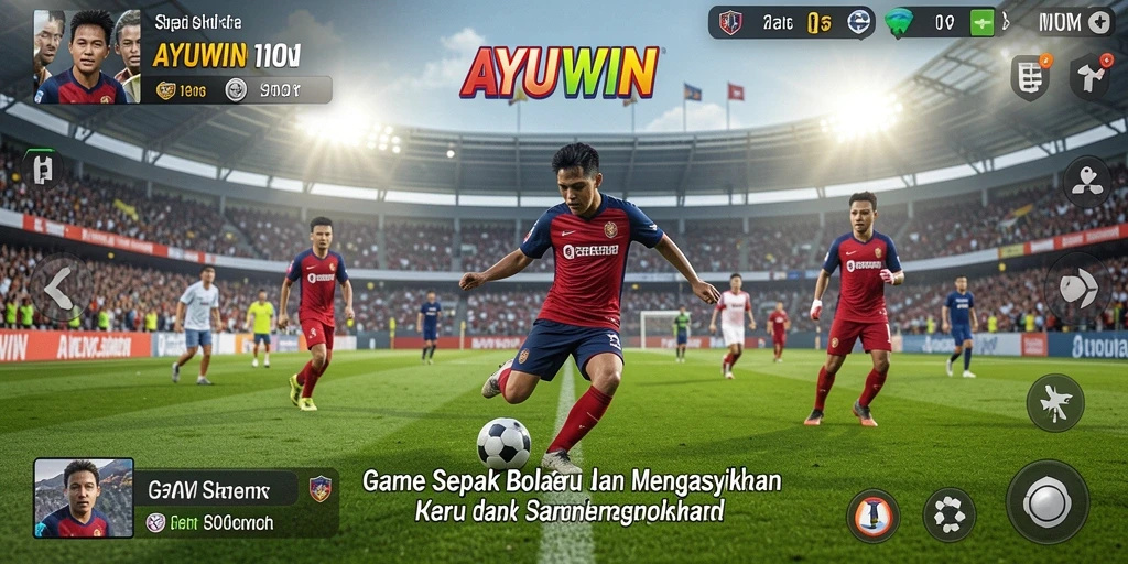 Screenshot utama AYUWIN menampilkan aksi pertandingan sepak bola yang intens.