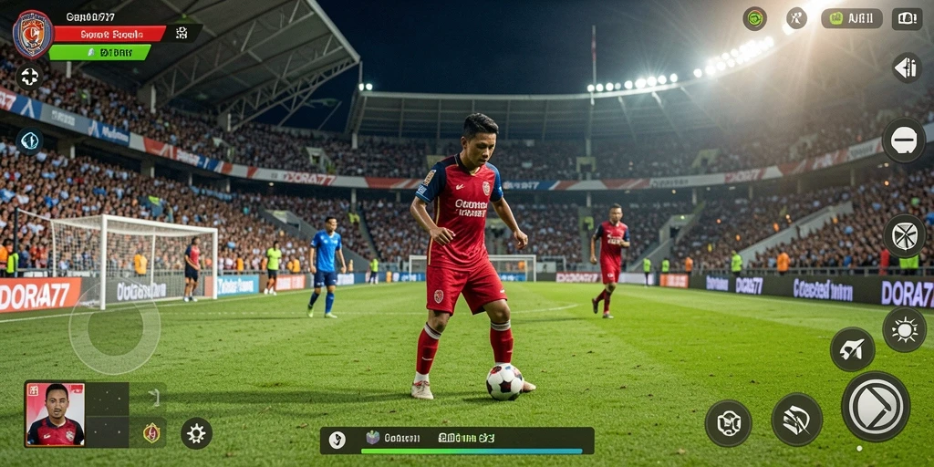 Screenshot gameplay DORA77 yang menampilkan aksi sepak bola yang seru.