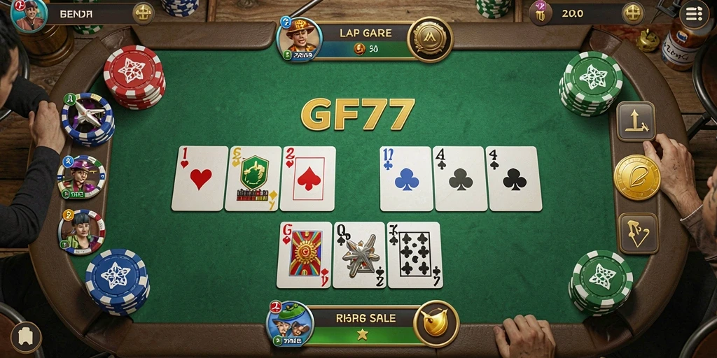 Screenshot gameplay GF777 menampilkan suasana permainan Gaple yang seru.