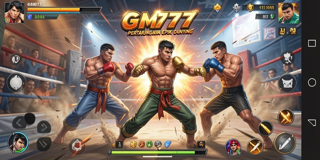 Screenshot utama GM777 menampilkan aksi pertarungan yang menegangkan di arena.