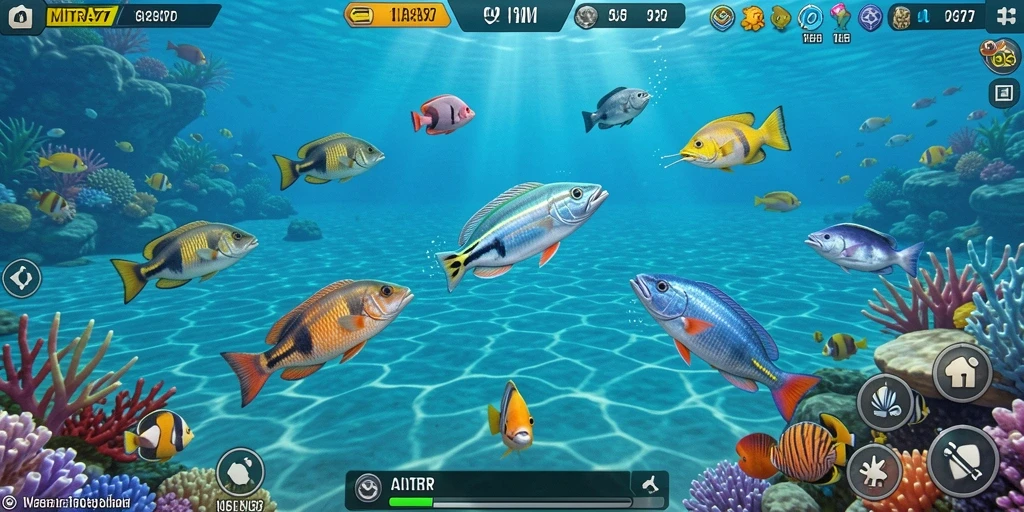 Tampilan gameplay menarik dengan berbagai ikan untuk ditembak.