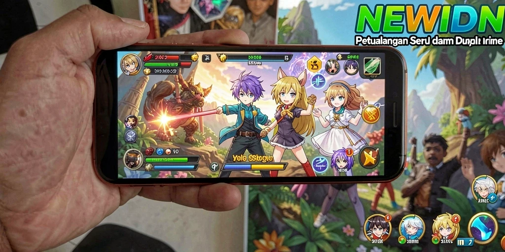 Tangkapan layar gameplay NEWIDN yang menunjukkan aksi seru karakter anime.